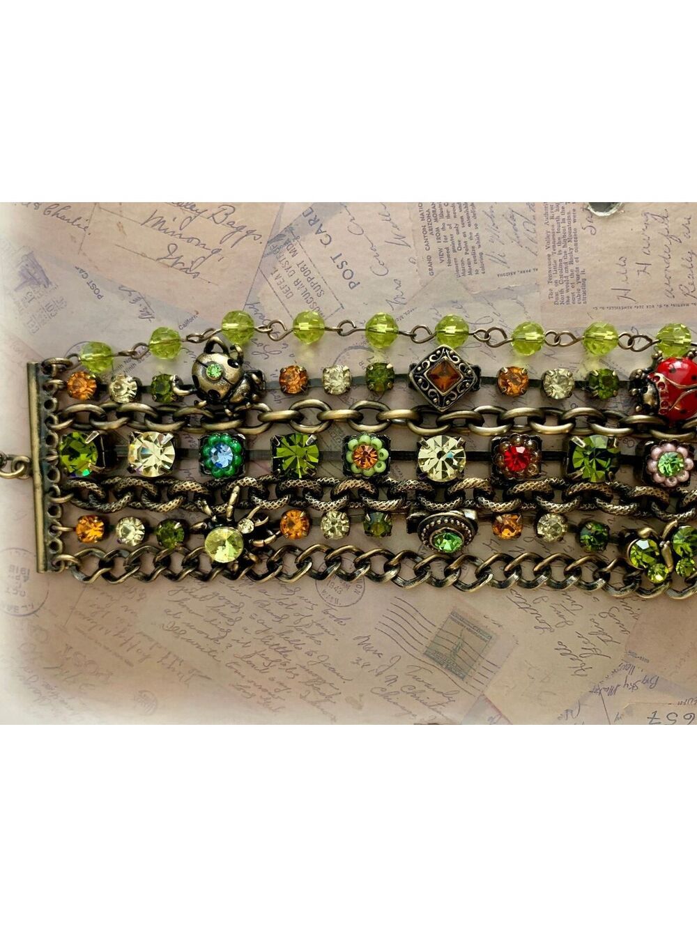 Vintage Colorful Multi-Chain Bracelet with Sparkling Crystals & Ladybug Charm